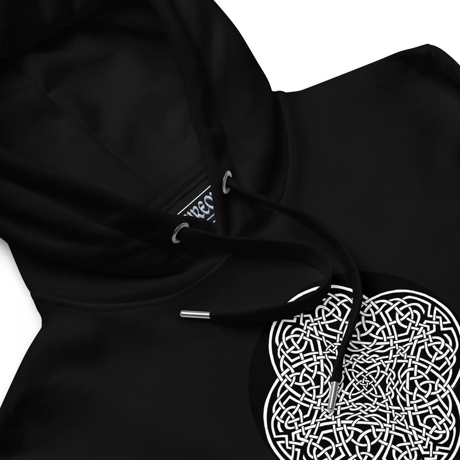 A close-up view of a black Xigfireon graphic eco hoodie featuring the Black & White Circle iteration of the `Reach Of The Spirit` Celtic knot design. The `Reach Of The Spirit` Celtic knot represents our glorious Mother Earth.