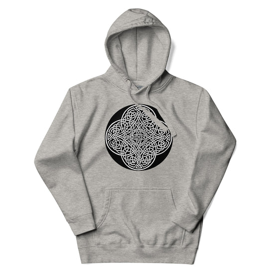 A carbon grey Xigfireon graphic hoodie featuring the Black & White Circle iteration of the `Reach Of The Spirit` Celtic knot design. The `Reach Of The Spirit` Celtic knot represents our magnificent Mother Earth.