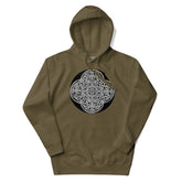 A military green Xigfireon graphic hoodie featuring the Black & White Circle iteration of the `Reach Of The Spirit` Celtic knot design. The `Reach Of The Spirit` Celtic knot represents our magnificent Mother Earth.