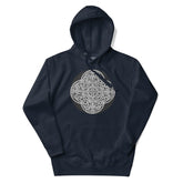 A navy blazer blue Xigfireon graphic hoodie featuring the Black & White Circle iteration of the `Reach Of The Spirit` Celtic knot design. The `Reach Of The Spirit` Celtic knot represents our magnificent Mother Earth.