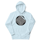 A sky blue Xigfireon graphic hoodie featuring the Black & White Circle iteration of the `Reach Of The Spirit` Celtic knot design. The `Reach Of The Spirit` Celtic knot represents our magnificent Mother Earth.