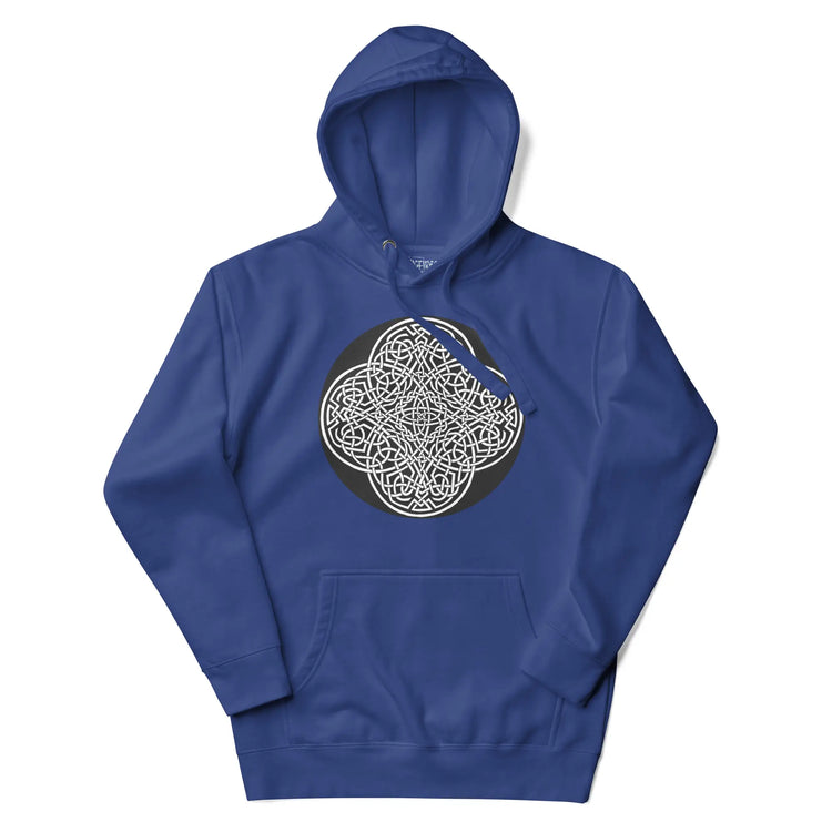 A team royal blue Xigfireon graphic hoodie featuring the Black & White Circle iteration of the `Reach Of The Spirit` Celtic knot design. The `Reach Of The Spirit` Celtic knot represents our magnificent Mother Earth.