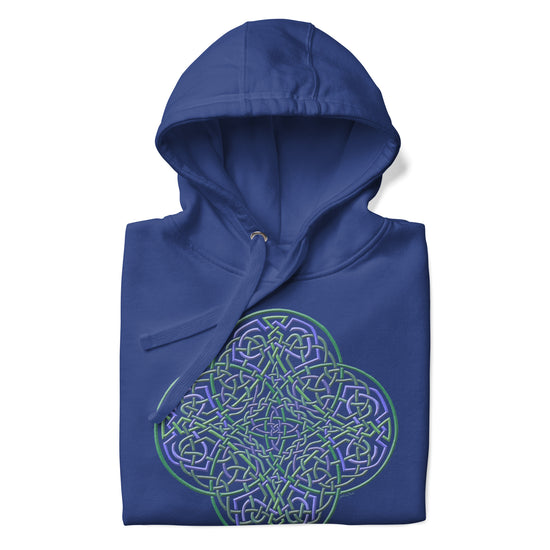 A folded royal blue Xigfireon graphic hoodie featuring the Black & White Circle iteration of the `Reach Of The Spirit` Celtic knot design. The `Reach Of The Spirit` Celtic knot is an Earth symbol.