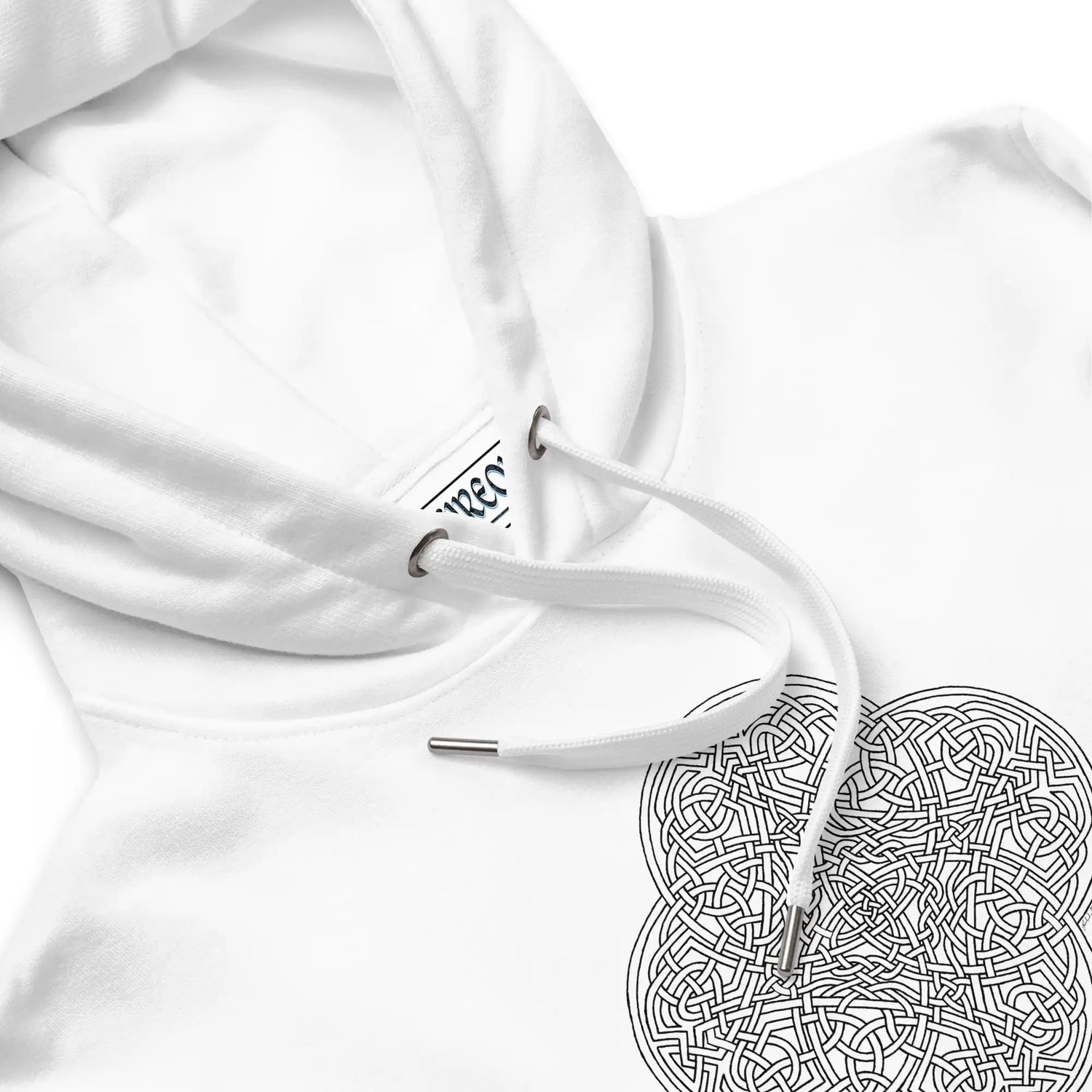 A close-up of a white Xigfireon graphic eco hoodie featuring the Black & White Hollow iteration of the `Reach Of The Spirit` Celtic knot design. The `Reach Of The Spirit` Celtic knot is an Earth symbol.
