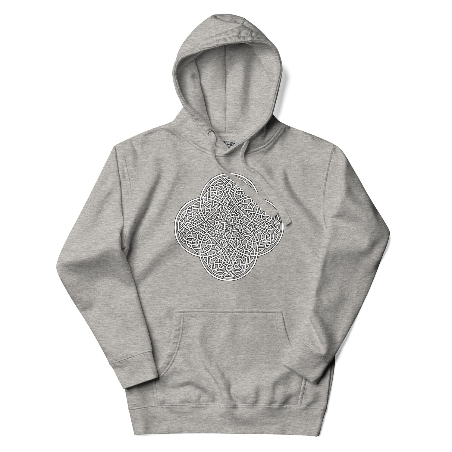 A carbon grey Xigfireon graphic hoodie featuring the Black & White Hollow iteration of the `Reach Of The Spirit` Celtic knot design. The `Reach Of The Spirit` Celtic knot symbolizes the Earth.