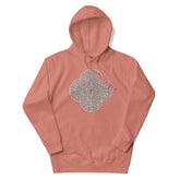 A dusty rose Xigfireon graphic hoodie featuring the Black & White Hollow iteration of the `Reach Of The Spirit` Celtic knot design. The `Reach Of The Spirit` Celtic knot symbolizes the Earth.