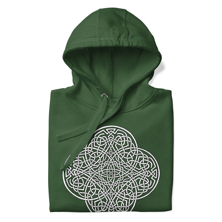 A folded forest green Xigfireon graphic hoodie featuring the Black & White Hollow iteration of the `Reach Of The Spirit` Celtic knot design. The `Reach Of The Spirit` Celtic knot symbolizes the Earth.