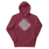 A maroon Xigfireon graphic hoodie featuring the Black & White Hollow iteration of the `Reach Of The Spirit` Celtic knot design. The `Reach Of The Spirit` Celtic knot symbolizes the Earth.