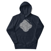 A navy blazer blue Xigfireon graphic hoodie featuring the Black & White Hollow iteration of the `Reach Of The Spirit` Celtic knot design. The `Reach Of The Spirit` Celtic knot symbolizes the Earth.