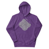 A purple Xigfireon graphic hoodie featuring the Black & White Hollow iteration of the `Reach Of The Spirit` Celtic knot design. The `Reach Of The Spirit` Celtic knot symbolizes the Earth.