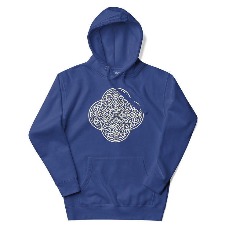 A royal blue Xigfireon graphic hoodie featuring the Black & White Hollow iteration of the `Reach Of The Spirit` Celtic knot design. The `Reach Of The Spirit` Celtic knot symbolizes the Earth.