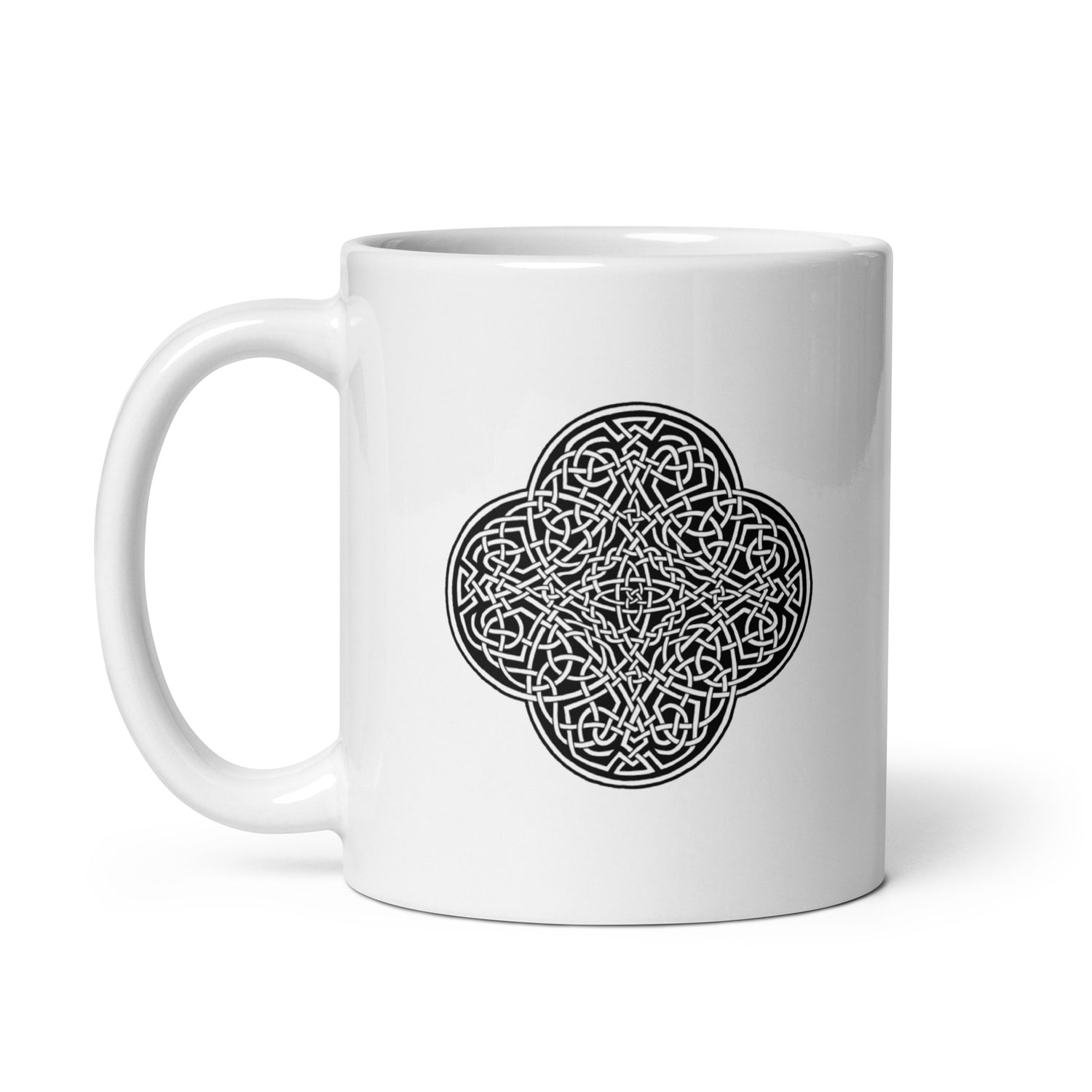 A Xigfireon white glossy 11oz mug featuring the Black & White Solid iteration of the `Reach Of The Spirit` Celtic knot design. This Celtic knot symbolizes Mother Earth.