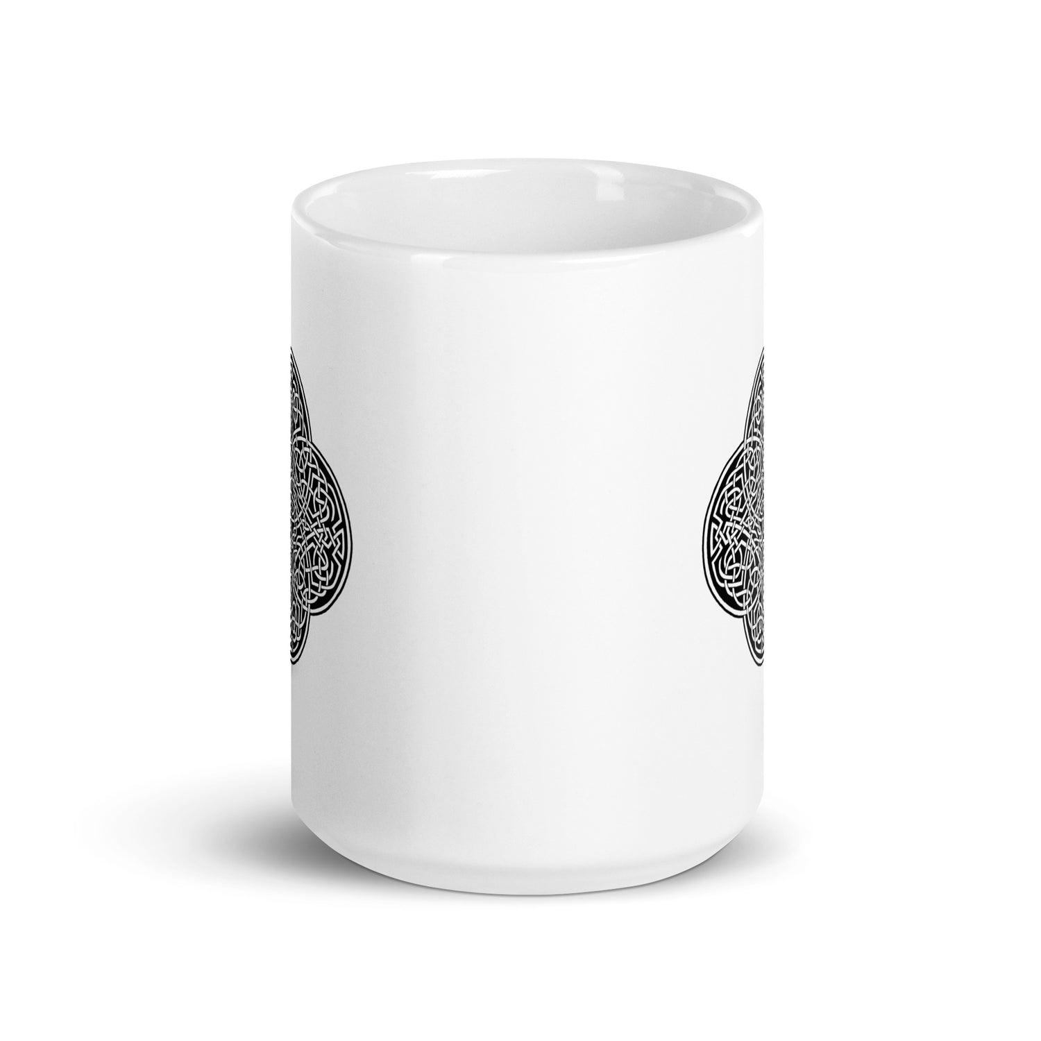 The front side of a Xigfireon white glossy 15oz mug featuring the Black & White Solid iteration of the `Reach Of The Spirit` Celtic knot design. This Celtic knot symbolizes Mother Earth.