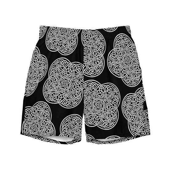 A pair of Xigfireon graphic swim trunks featuring the Black & White Solid Black patterned series of the `Reach Of The Spirit` Celtic knot design.