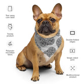A list of product specs surrounding a puppy wearing a Xigfireon bandana adorned with the `Reach Of The Spirit` Black and White Solid Forest Inverted Celtic knot pattern.