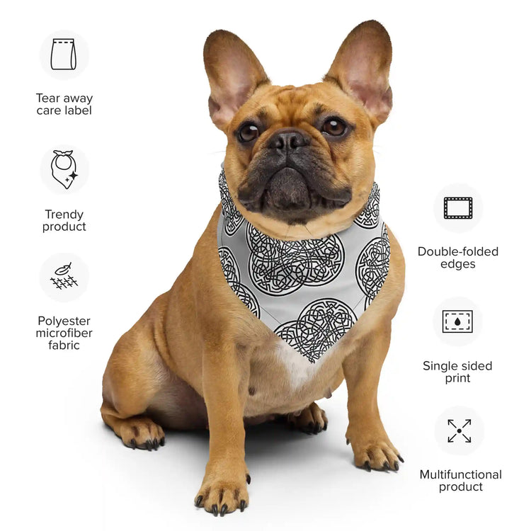 A list of product specs surrounding a puppy wearing a Xigfireon bandana adorned with the `Reach Of The Spirit` Black and White Solid Forest Inverted Celtic knot pattern.