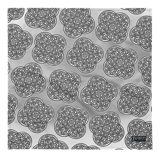 A large Xigfireon bandana adorned with the  Black and White Solid Forest Inverted patterned series of the `Reach Of The Spirit` Celtic knot design.