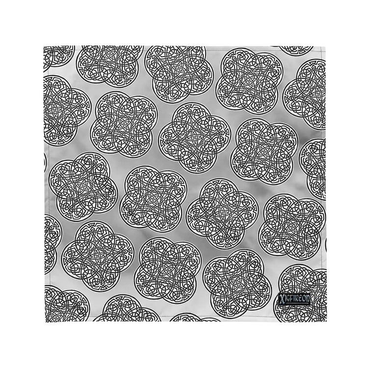 A medium Xigfireon bandana adorned with the  Black and White Solid Forest Inverted patterned series of the `Reach Of The Spirit` Celtic knot design.