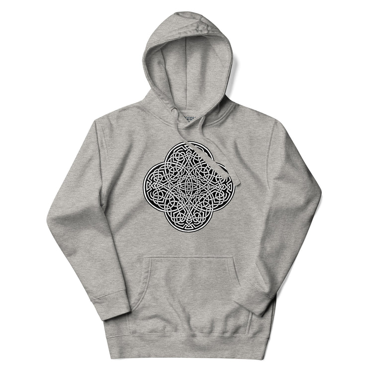 A carbon grey Xigfireon graphic hoodie featuring the Black & White Solid iteration of the `Reach Of The Spirit` Celtic knot design. The `Reach Of The Spirit` Celtic knot is an Earth symbol.