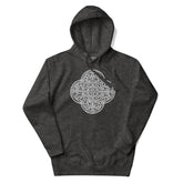 A charcoal heather Xigfireon graphic hoodie featuring the Black & White Solid iteration of the `Reach Of The Spirit` Celtic knot design. The `Reach Of The Spirit` Celtic knot is an Earth symbol.