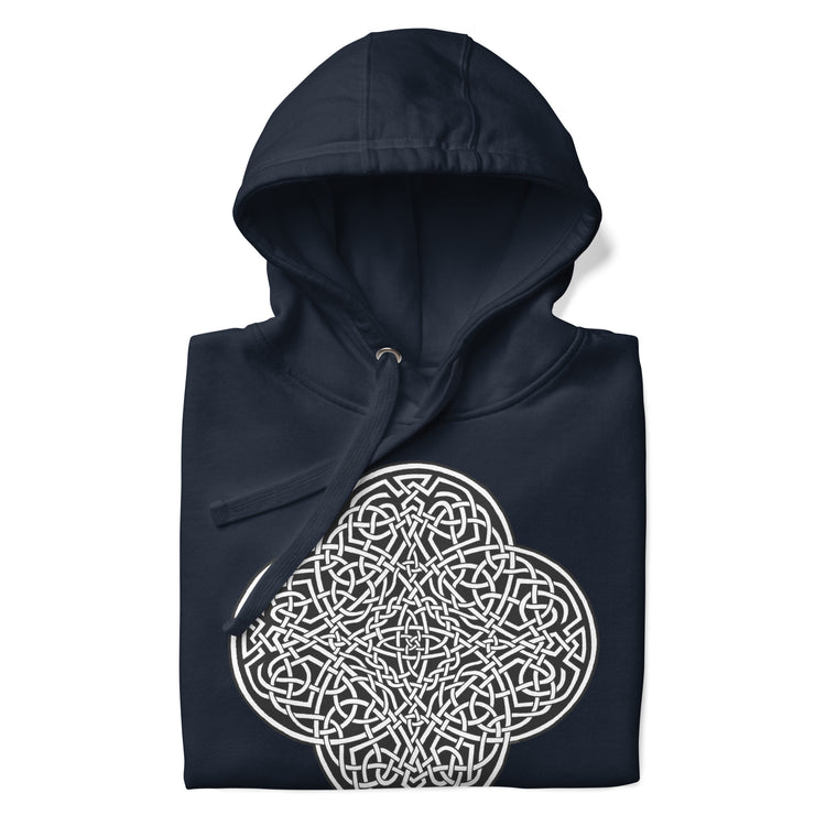 A folded navy blazer blue Xigfireon graphic hoodie featuring the Black & White Solid iteration of the `Reach Of The Spirit` Celtic knot design. The `Reach Of The Spirit` Celtic knot symbolizes the Earth.