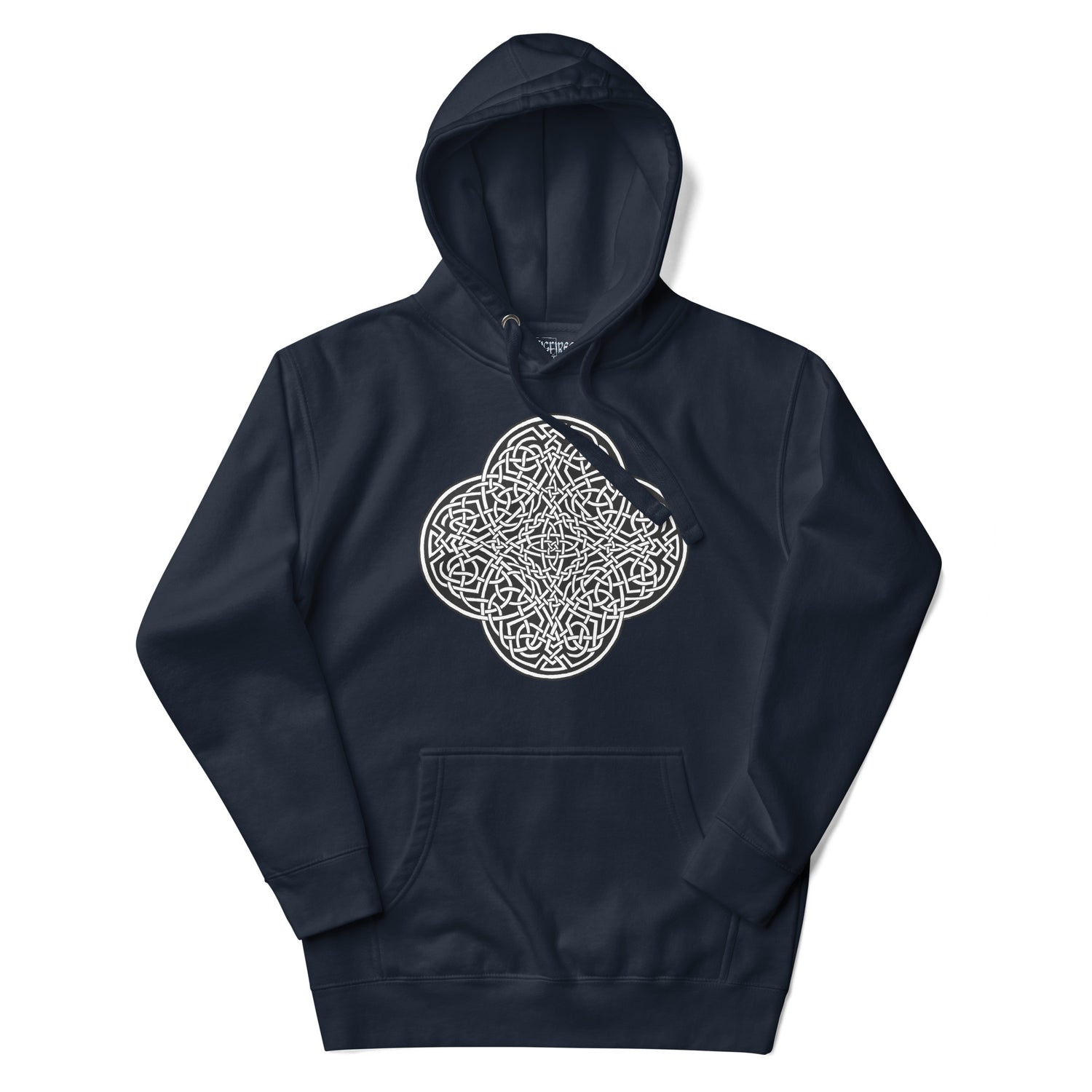 A navy blazer blue Xigfireon graphic hoodie featuring the Black & White Solid iteration of the `Reach Of The Spirit` Celtic knot design. The `Reach Of The Spirit` Celtic knot is an Earth symbol.