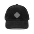 The front side of a black Xigfireon vintage corduroy cap embroidered with the Black & White Solid iteration of the `Reach Of The Spirit` Celtic knot design.