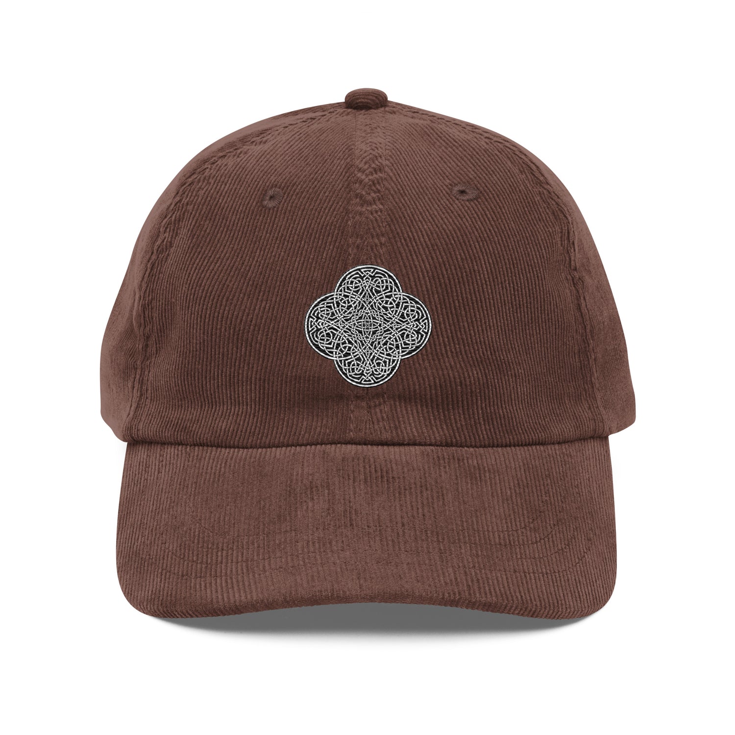 The front side of a brown Xigfireon vintage corduroy cap embroidered with the Black & White Solid iteration of the `Reach Of The Spirit` Celtic knot design.