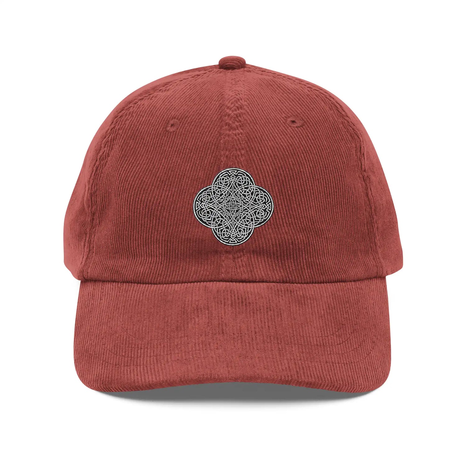 The front side of a burgundy Xigfireon vintage corduroy cap embroidered with the Black & White solid iteration of the `Reach Of The Spirit` Celtic knot design.