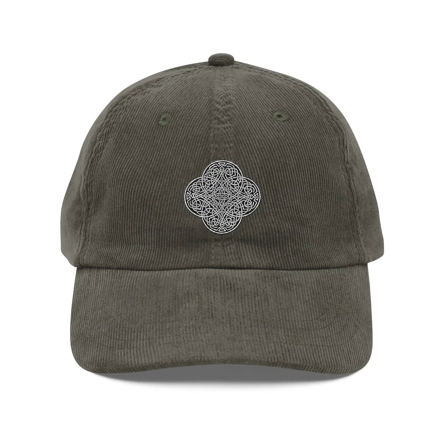 The front side of an olive green Xigfireon vintage corduroy cap embroidered with the Black & White Solid iteration of the `Reach Of The Spirit` Celtic knot design.