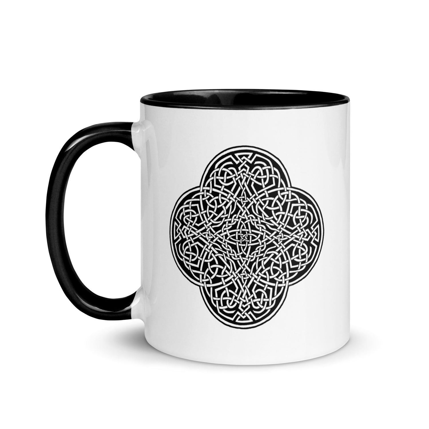 A Xigfireon white ceramic 11oz mug featuring the Black & White Solid iteration of the `Reach Of The Spirit` Celtic knot design, with black handle and inside. This Celtic knot symbolizes Mother Earth.