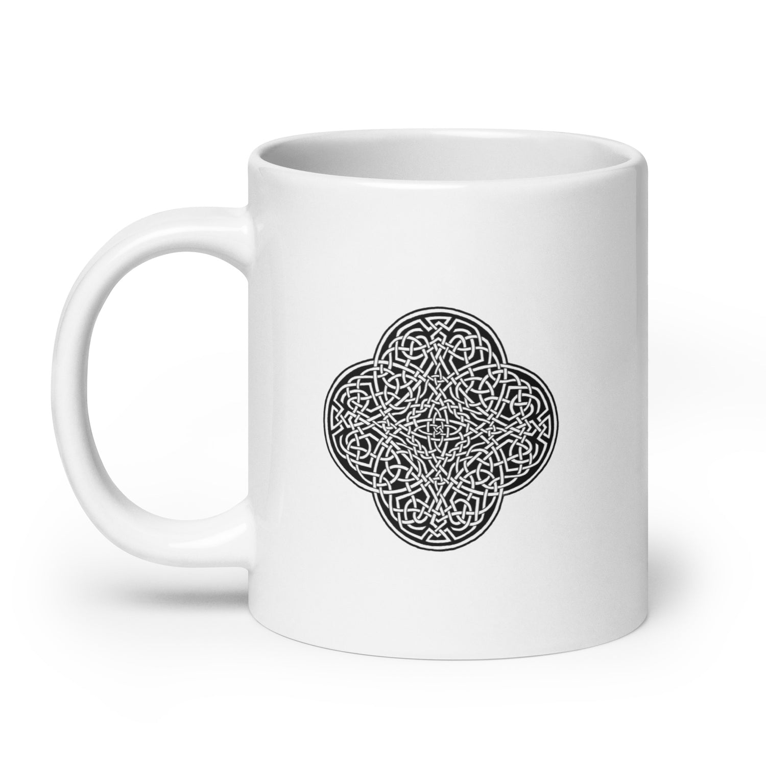 A Xigfireon white glossy 20oz mug featuring the Black & White Solid iteration of the `Reach Of The Spirit` Celtic knot design. This Celtic knot represents the Earth.