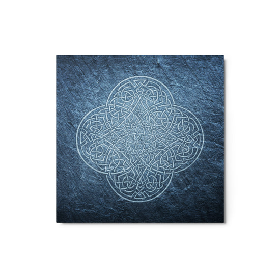 An 12" x 12" glossy metal print of the Blue Slate iteration of the `Reach Of The Spirit` Celtic knot design.