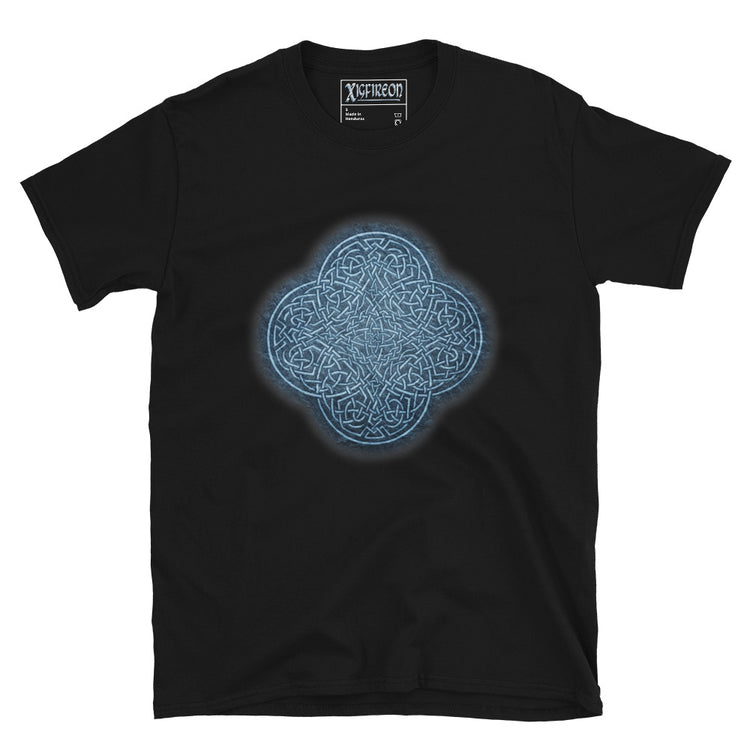 The Blue Slate iteration of the `Reach Of The Spirit` Celtic knot design on a black t-shirt.