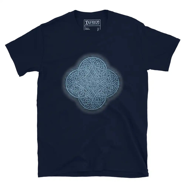 The Blue Slate iteration of the `Reach Of The Spirit` Celtic knot design on a navy blue t-shirt.