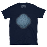 The Blue Slate iteration of the `Reach Of The Spirit` Celtic knot design on a navy blue t-shirt.