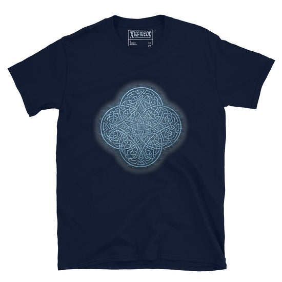 The Blue Slate iteration of the `Reach Of The Spirit` Celtic knot design on a navy blue t-shirt.