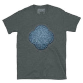 The Blue Slate iteration of the `Reach Of The Spirit` Celtic knot design on a dark heather t-shirt.