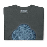 A folded dark heather graphic t-shirt featuring the Blue Slate iteration of the `Reach Of The Spirit` Celtic knot design.