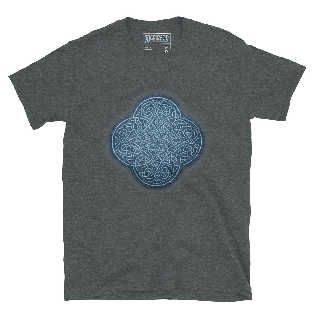 The Blue Slate iteration of the `Reach Of The Spirit` Celtic knot design on a dark heather t-shirt.