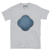 The Blue Slate iteration of the `Reach Of The Spirit` Celtic knot design on a grey t-shirt.