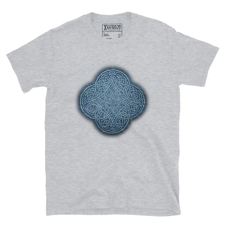 The Blue Slate iteration of the `Reach Of The Spirit` Celtic knot design on a grey t-shirt.