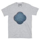 The Blue Slate iteration of the `Reach Of The Spirit` Celtic knot design on a grey t-shirt.