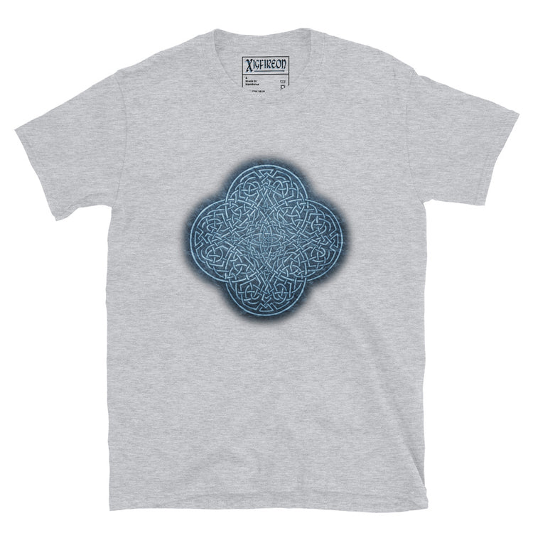 The Blue Slate iteration of the `Reach Of The Spirit` Celtic knot design on a grey t-shirt.