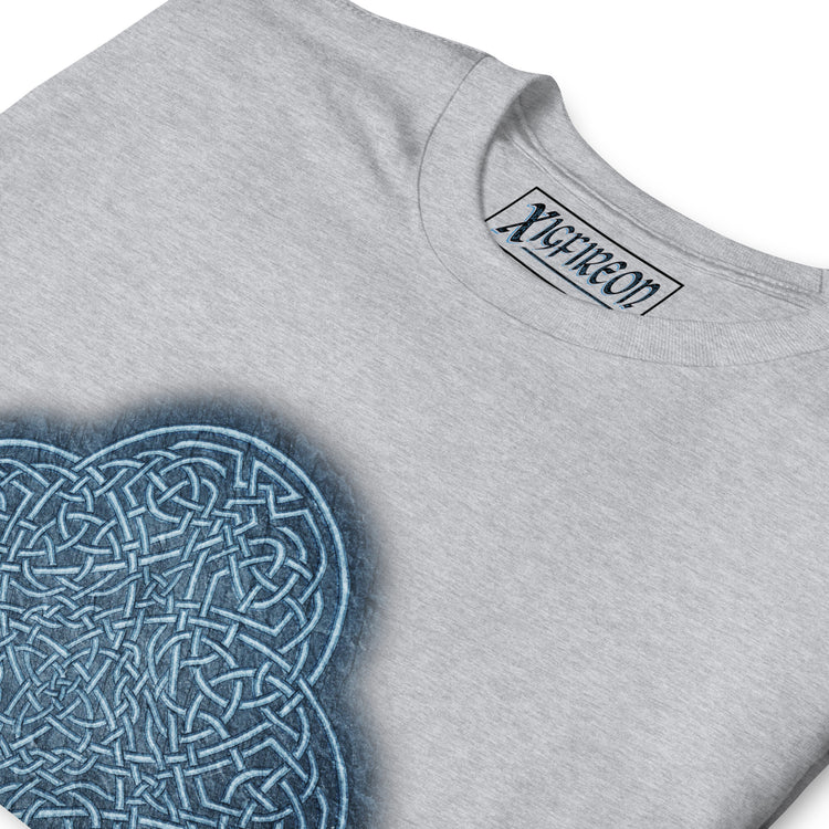 A zoomed-in view of a sport grey graphic t-shirt featuring the Blue Slate iteration of the `Reach Of The Spirit` Celtic knot design.