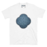 The Blue Slate iteration of the `Reach Of The Spirit` Celtic knot design on a white t-shirt.