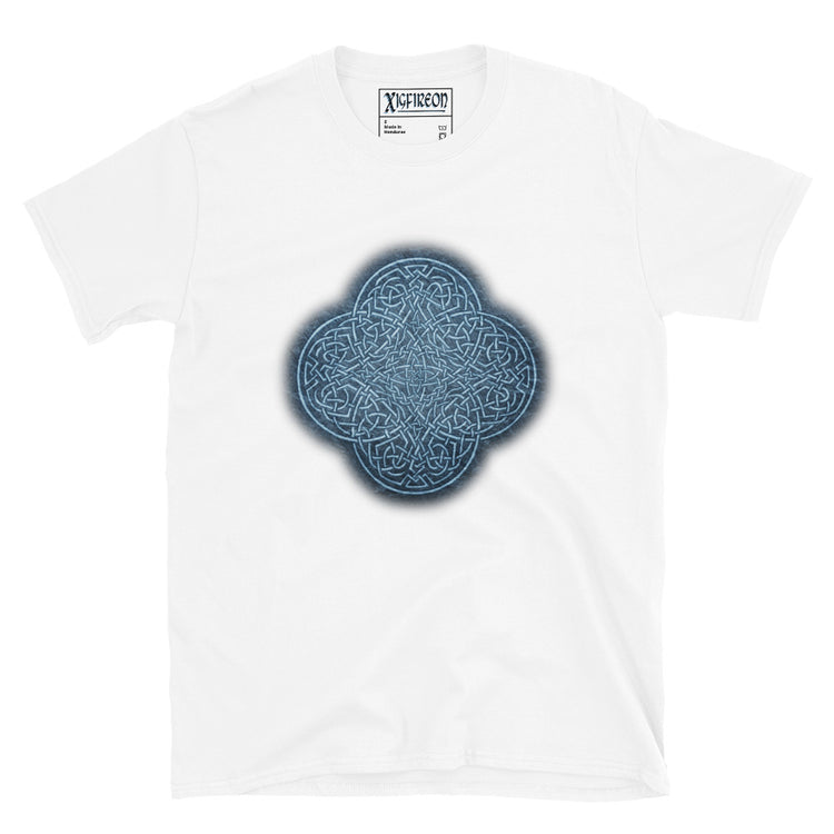 The Blue Slate iteration of the `Reach Of The Spirit` Celtic knot design on a white t-shirt.