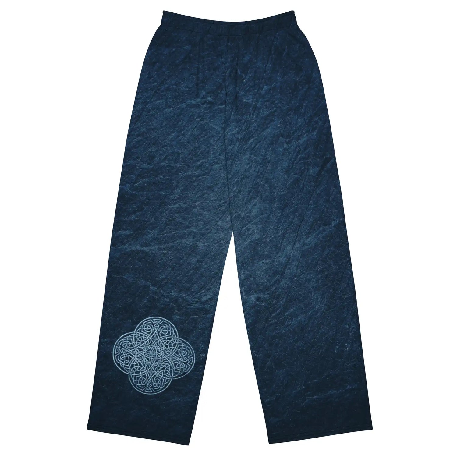 The front side of a pair of Xigfireon graphic wide leg pants featuring the Blue Slate iteration of the `Reach Of The Spirit` Celtic knot design.