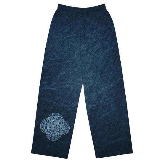 The front side of a pair of Xigfireon graphic wide leg pants featuring the Blue Slate iteration of the `Reach Of The Spirit` Celtic knot design.