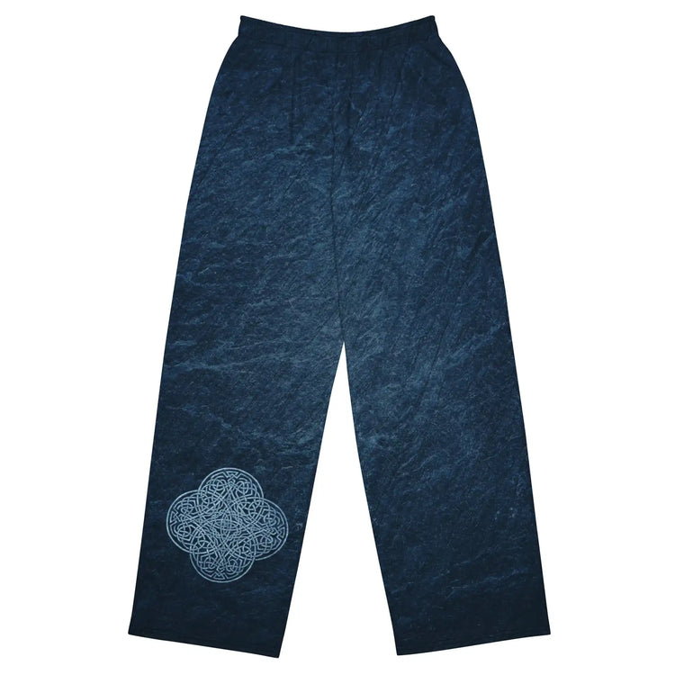 The front side of a pair of Xigfireon graphic wide leg pants featuring the Blue Slate iteration of the `Reach Of The Spirit` Celtic knot design.